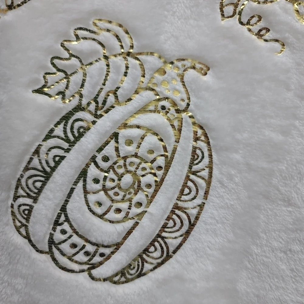 White Faux Fur Metallic Gold Foil PUMPKIN Blanket Fall Halloween Thanksgiving